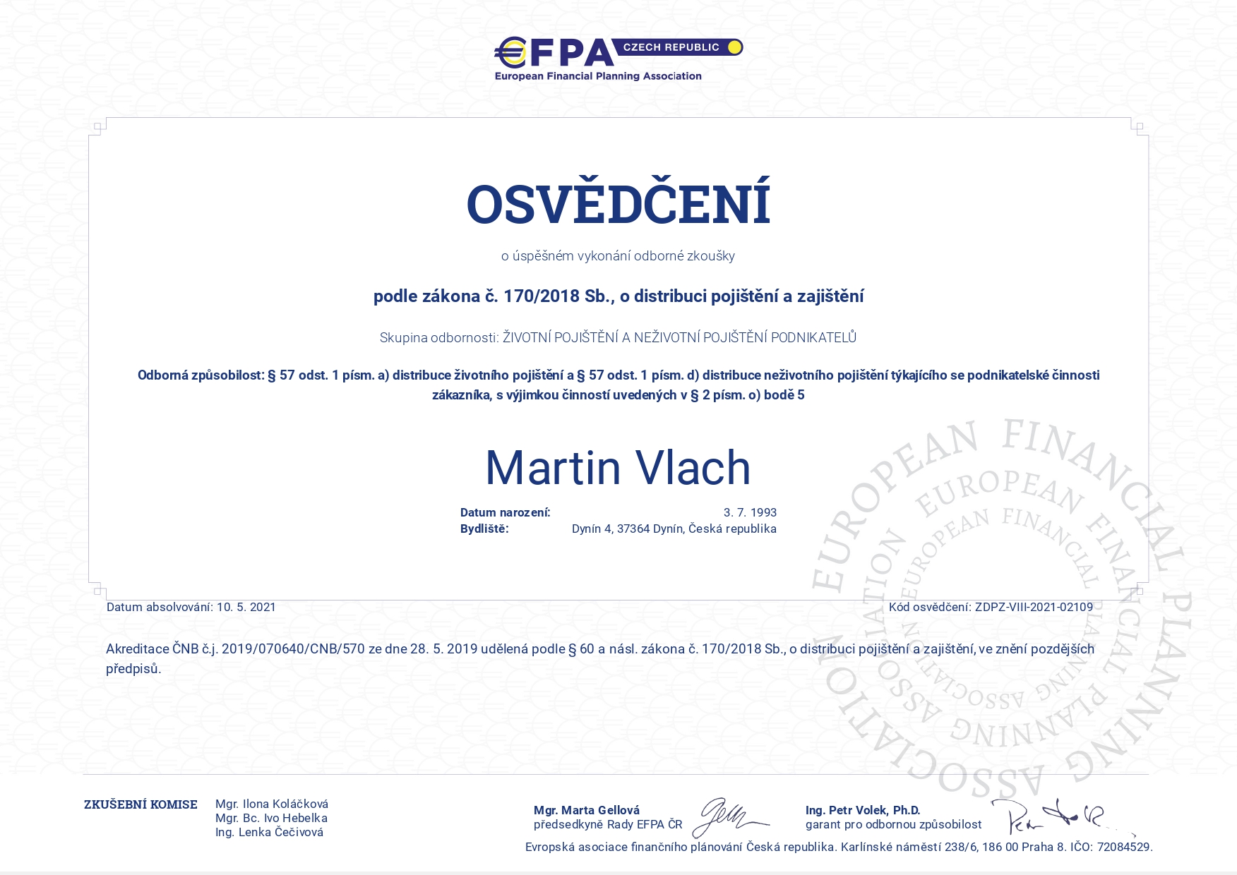 Certifikát - Distribuce pojištění a&nbsp;zajištění